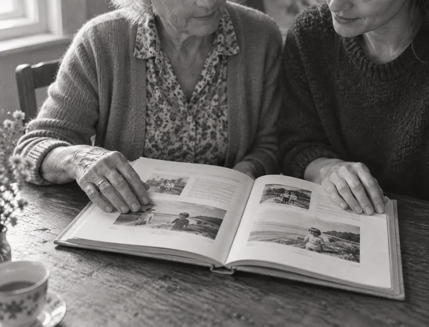 Illustrated scene of two generations reading a family book together.