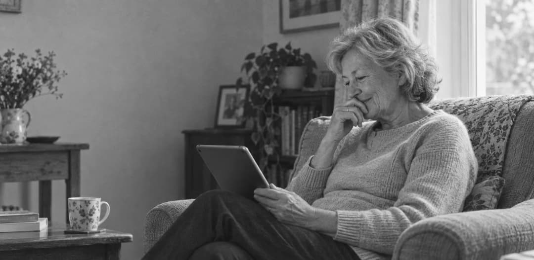 Illustrated scene of a mother reading on her tablet at home.